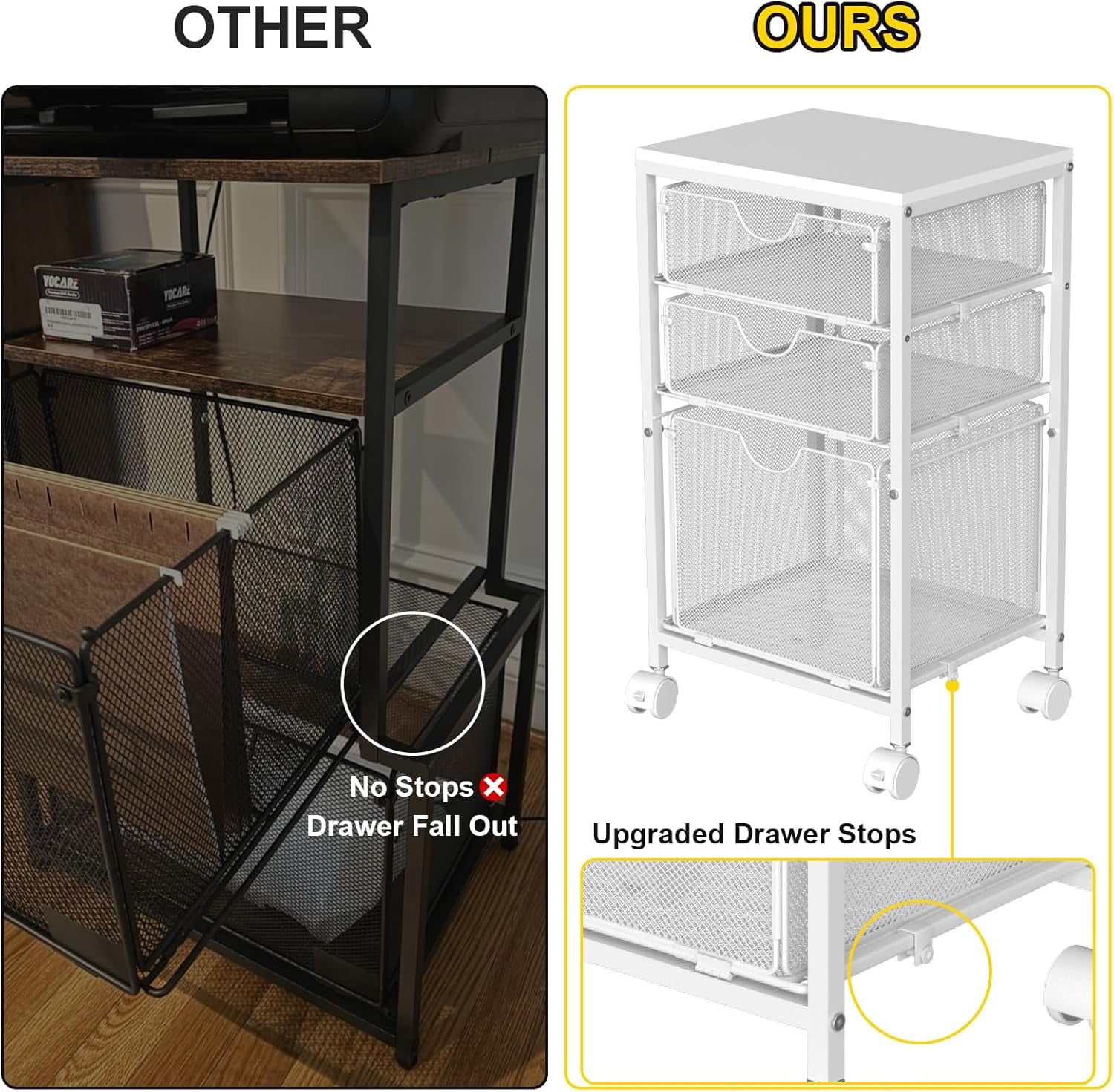 Rolling File Cart with 3 Storage Drawers, Under Desk Hanging File Folder Organizer Cart for Home Office, 11.81"D x 14.8"W x 25.39"H, White