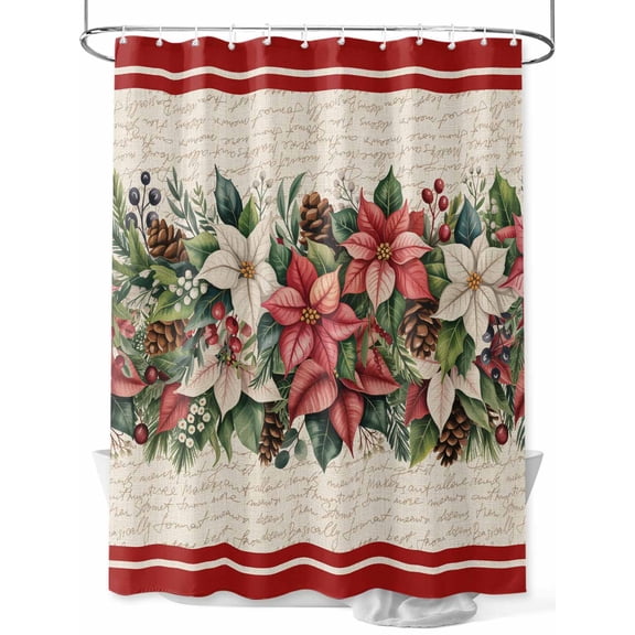 Fsddascl Christmas Poinsettia Shower Curtain Set - 72" x 78" Washable Bathtub Curtain with 12 Hooks, Winter Xmas Berry Leaf on Linen Waterproof Fabric Stall Shower Curtains for Bathroom/Bathtub