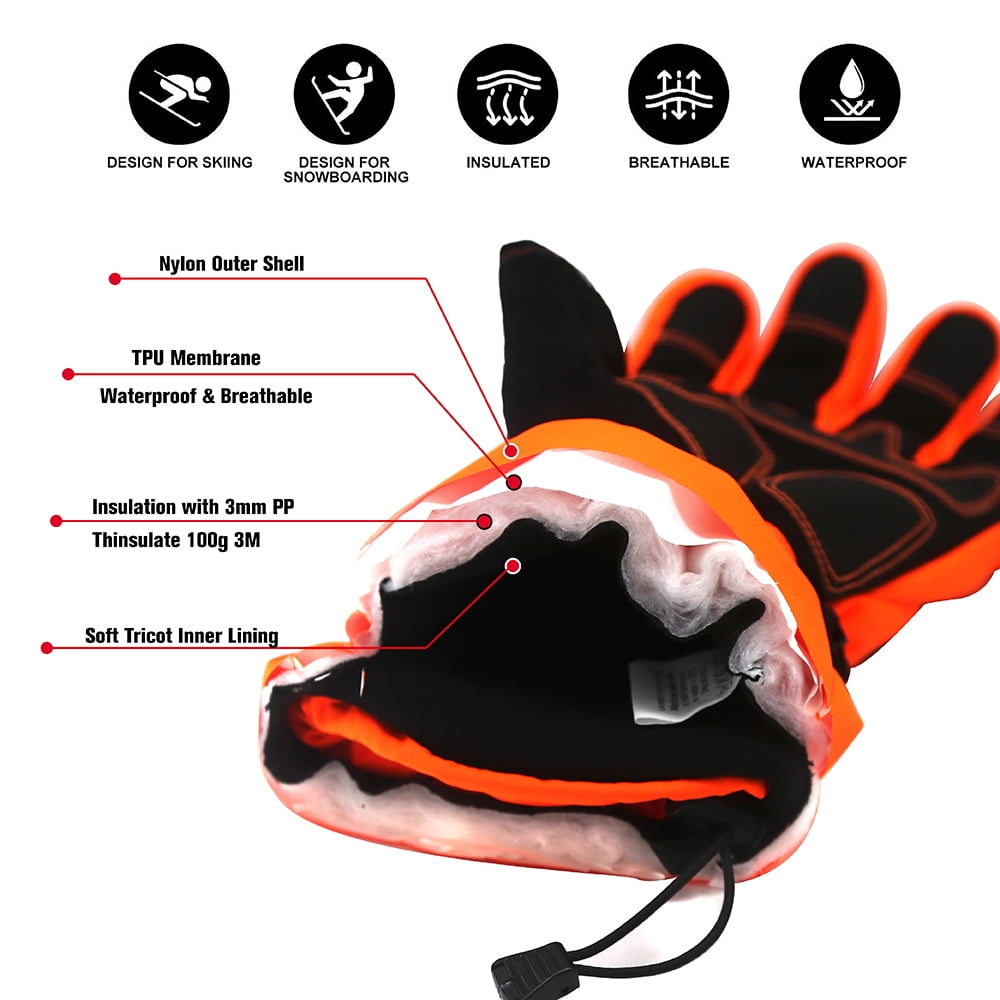 EvridWear Men Women Waterproof Ski Gloves, 3M Thinsulate Snowboard Winter Gloves ( XL, Orange)
