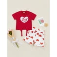 thumbnail image 2 of goowrom Ensemble Deux Pièces pour Fille, Motif Brodé de Lettres Manches Courtes Col Rond + Shorts Imprimé Cœur, 2 of 9