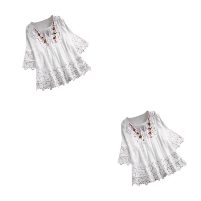 Blusa con lazo Sonducket para mujer Estampado especial Camisa vintage cuello en V fibra de playa blanco S