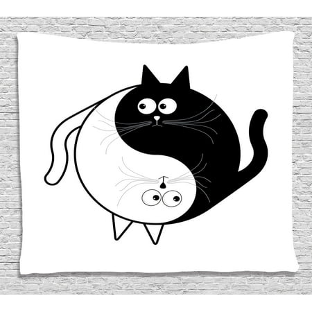 Ying Yang Decor Tapestry, Cats Hugging Unity Ying Yang Sign Cartoon Animals Asian Feng Shui Design, Wall Hanging for Bedroom Living Room Dorm Decor, 60W X 40L Inches, Black White, by