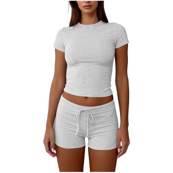 BUIGTTKLOP Lounge Sets for Women Short Sleeve Crewneck Crop Going out Tops Drawstring High Waisted Slim Fitted Shorts Summer Tracksuits
