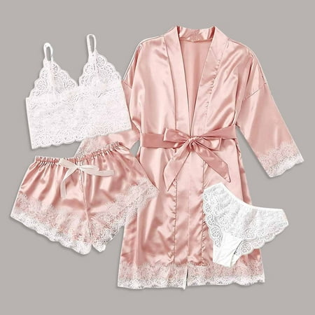 

KEVCHE 4-Piece Women Sexy Garter Lingerie Set Robes Lace Bodysuit Deep-V Neck Underwear