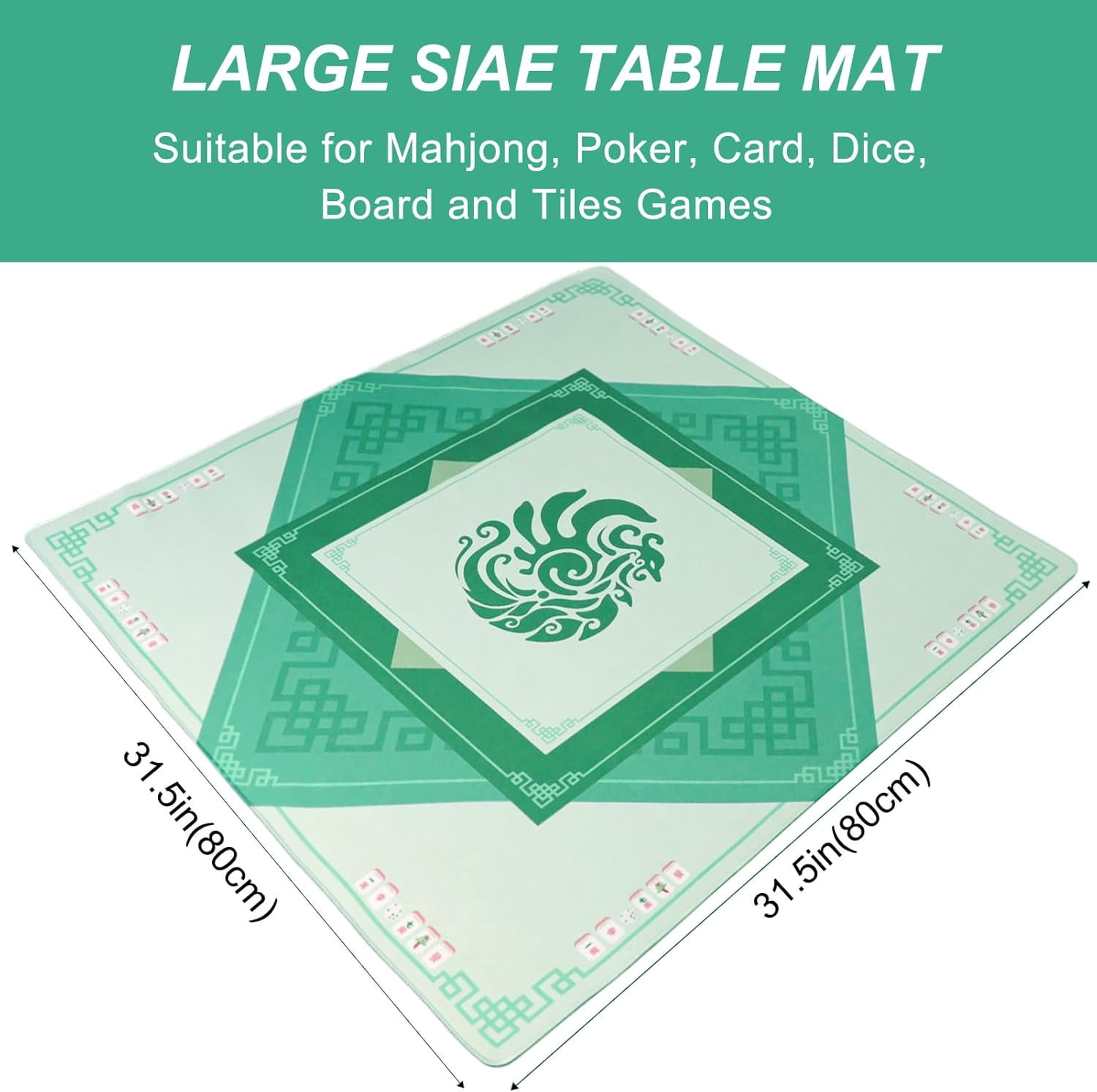 Mahjong Mat with 3 Dice, Noise Reduction Rubber Table Cover for Mahjong, Poker, Card, Board & Tile Games (Green, 31.5 inches)