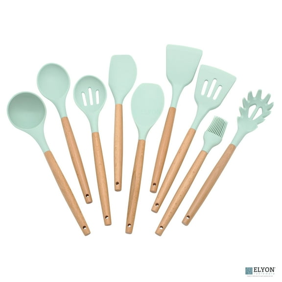 Elyon Tableware® 9-Piece Mint Green Colored Silicone Kitchen Utensils Set with Wooden Handles