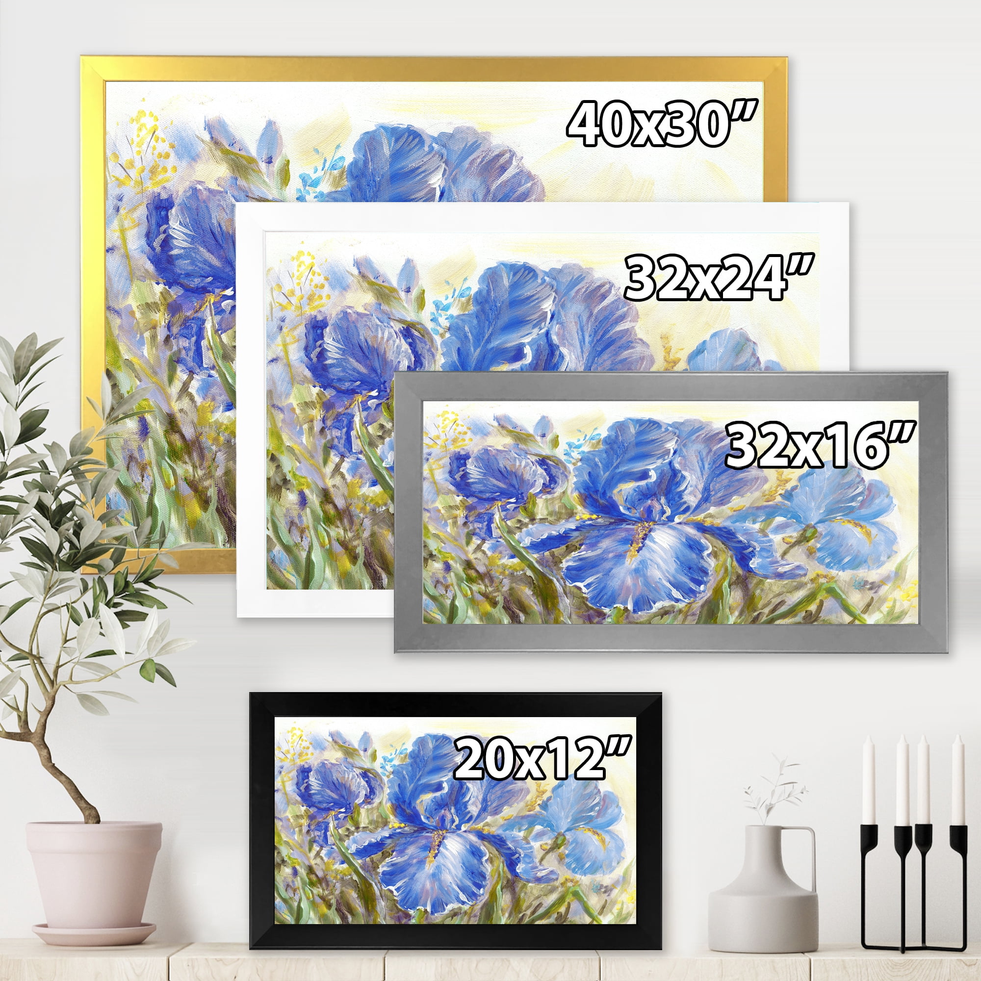 Designart 'Blue Irises Blossoming Flowers' Traditional Framed Art Print