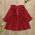 thumbnail image 2 of Splozh Fall Long Sleeve Dress Toddler Kids Baby Girl Solid Linen Button Ruffle Party Dress Clothes Red,5-6 Years, 2 of 5
