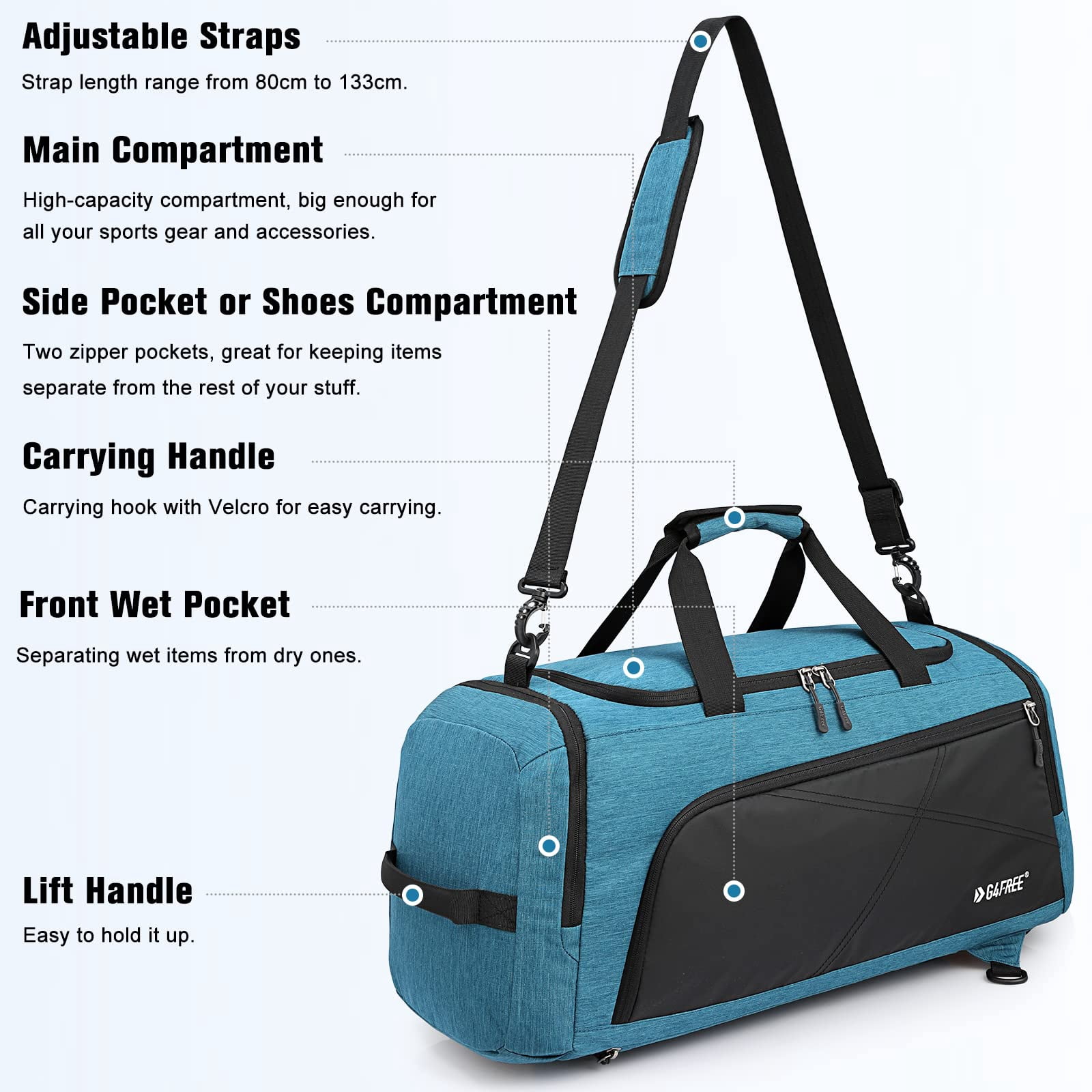 G4Free Sports Travel Duffel Bag 45L/60L with Shoe Compartment and Wet Pocket for Men and Women
