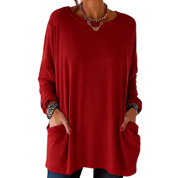 TKLPEHG Loose Long Sleeve Shirts for Women Loose Tunic Tops with Pocket Spring Ladies Tops Crew Neck Solid Color Lightweight Soft Shirt (Red,XL)