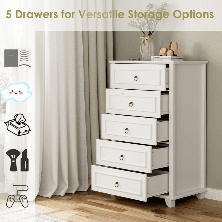 Homfa 5 Drawers Tall Dresser Chest of Drawers Storage Bedroom Dresser Cabinet for Closet Living Room White