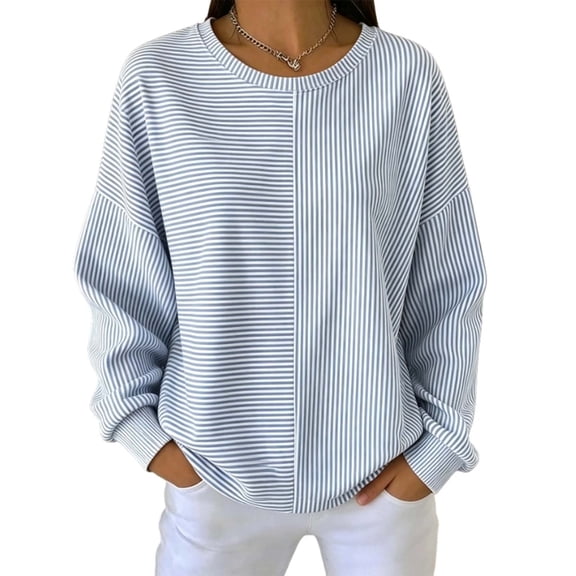Edvintorg Crew Neck Sweatshirts Women Fashion Striped Long Sleeve Casual Loose Pullover Top Clothes Women S-2XL Light Blue