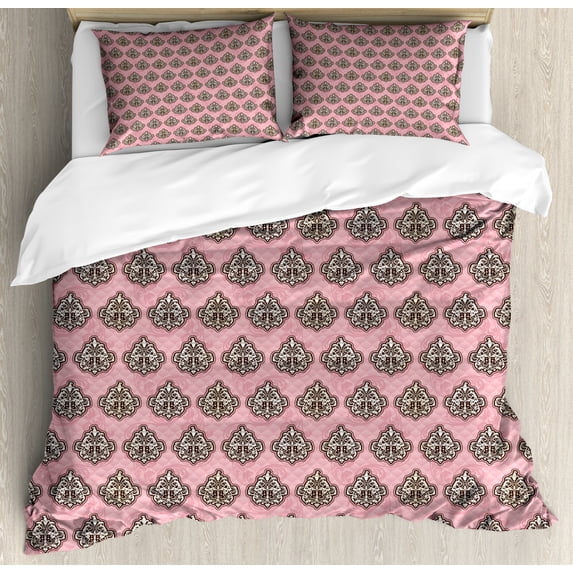 Pink Damask Duvet Cover Set Queen Size, Repeating Flowers Rococo Inspired Ornaments, Decorative 3 Piece Bedding Set with 2 Pillow Shams, Pale Pink Dark Cocoa Pastel Pink and Off White, by Ambesonne