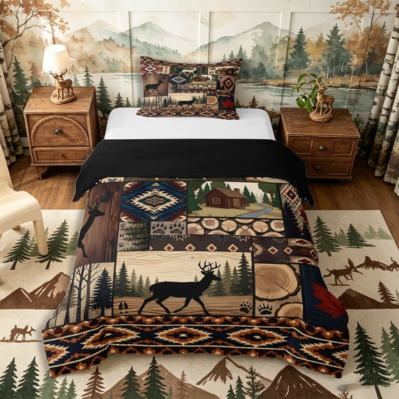 Castle Fairy Rustic Patchwork Western Wildlife Twin Duvet Cover,Aztec Plaid Cabin Pine Paw Print Twin Bedding,Brown Red Cream,Black Reversible,2pcs,No Comforter,1 Duvet Cover and 1 Pillowcase
