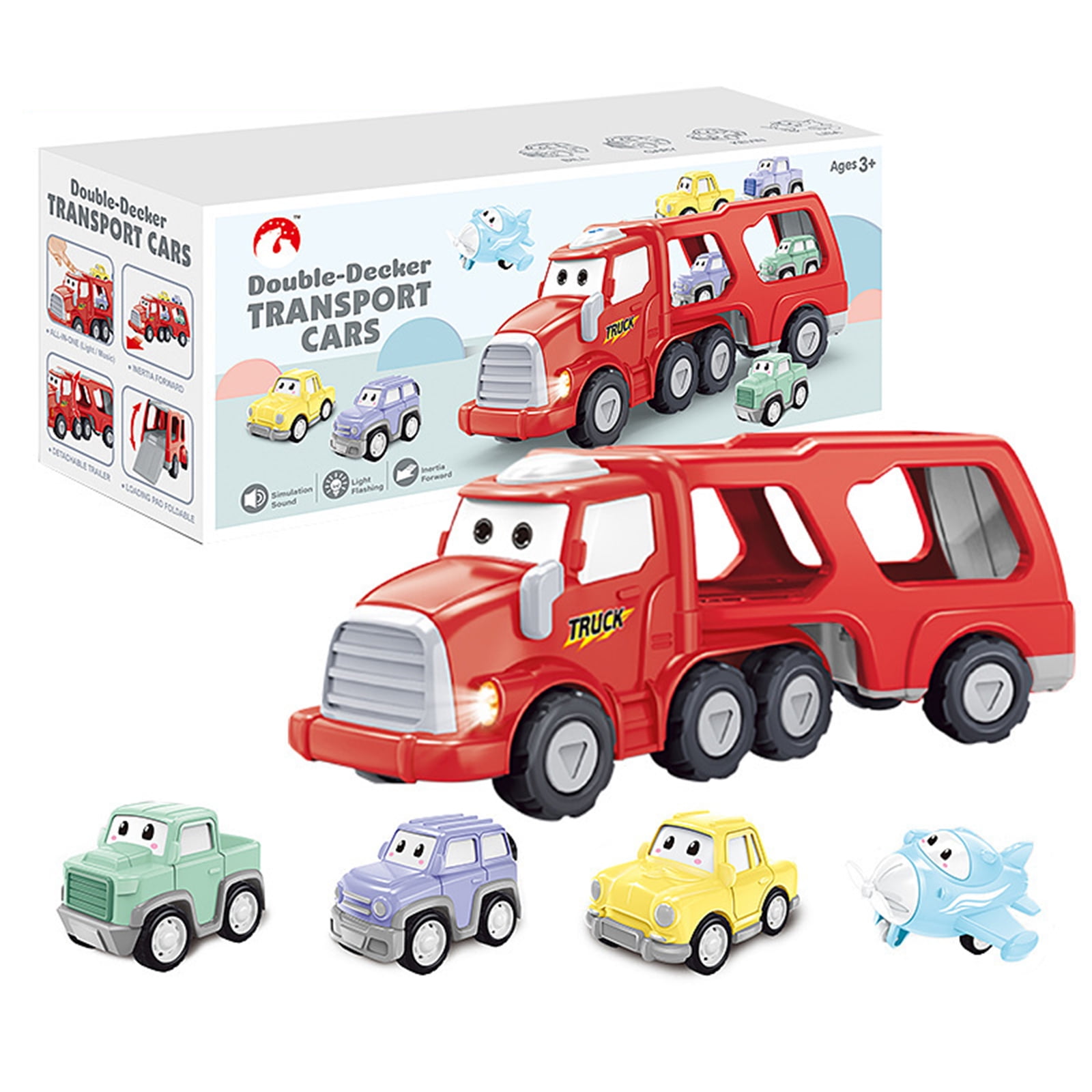 huntermoon Fire Truck Toy for Boy 3-6 Year Old, Vehicle Toy Set with Lights  and Sounds, Large Transport Cargo Truck, Small Helicopter, Airplane,  Emergency Rescue Car, 5 in 1 Toy Set,Birthday Gift -