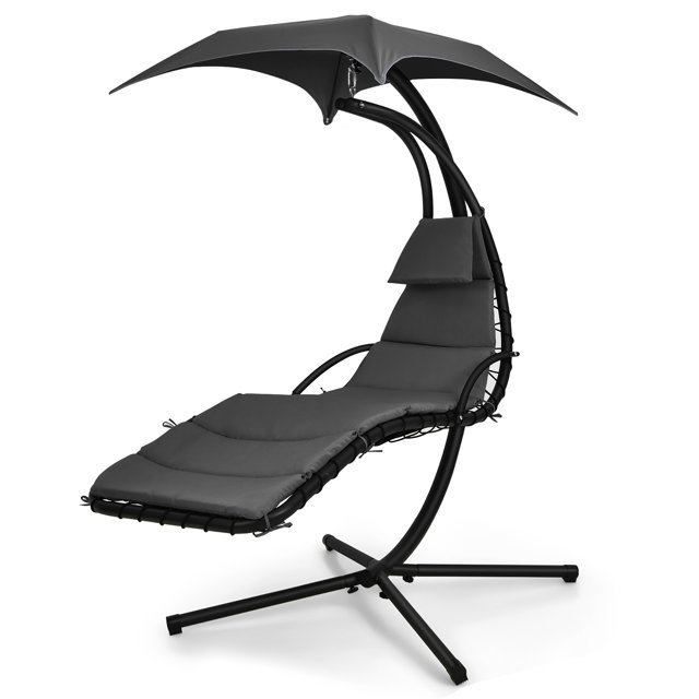 Gymax Chaise Longue Suspendue en Acier Courbé pour Patio avec Oreiller Intégré Gris