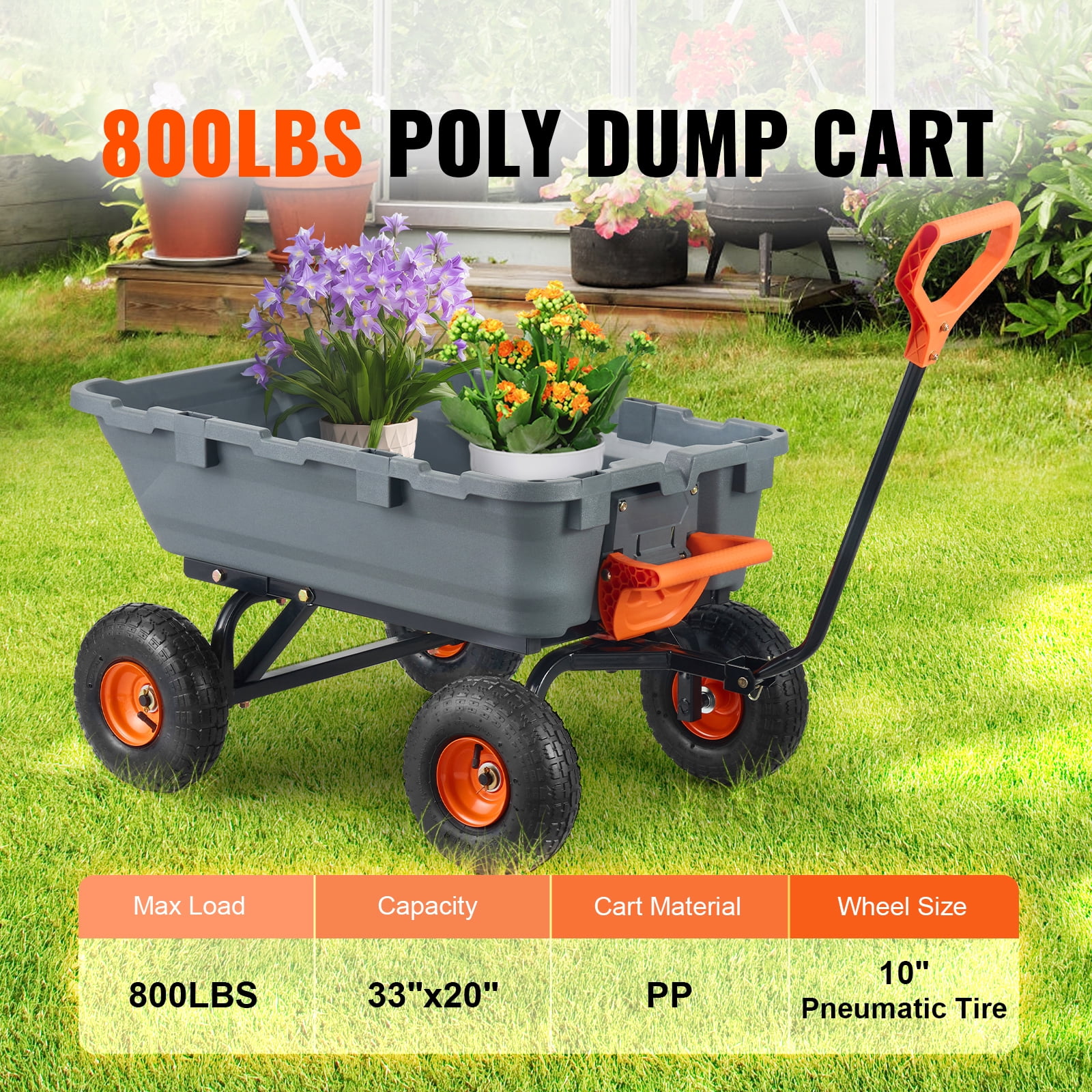 Dump Cart, Poly Garden Dump Cart with Easy to Assemble Steel Frame, Dump Wagon with 2-in-1 Convertible Handle, Utility Wheelbarrow 800 lbs Capacity, 10 inch Tires
