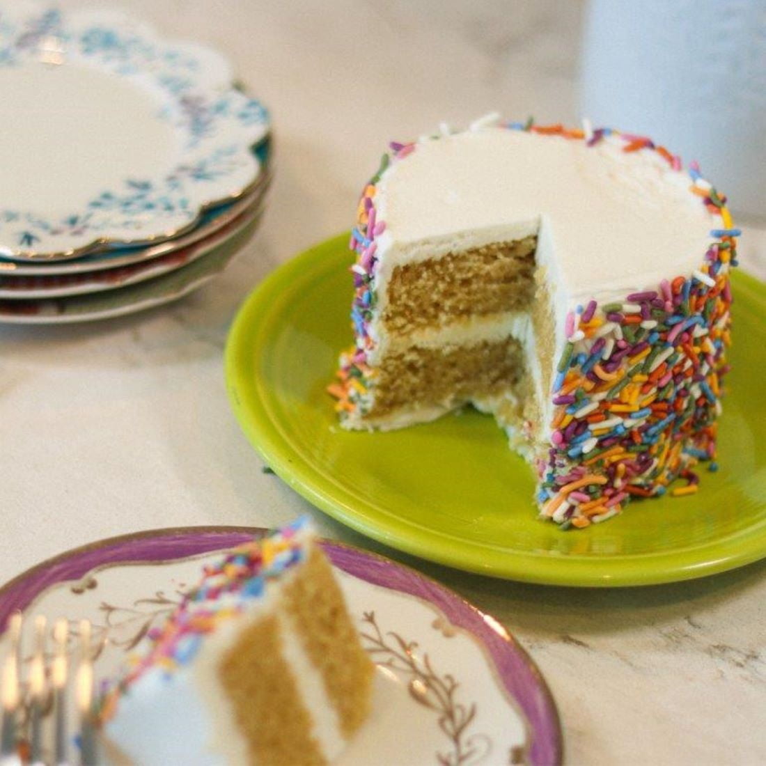 Rubicon Bakers, Baked, Vegan Birthday Layer Cake, Vegan Vanilla Icing, 4 inch Cake. Nut Free Bakery, Frozen