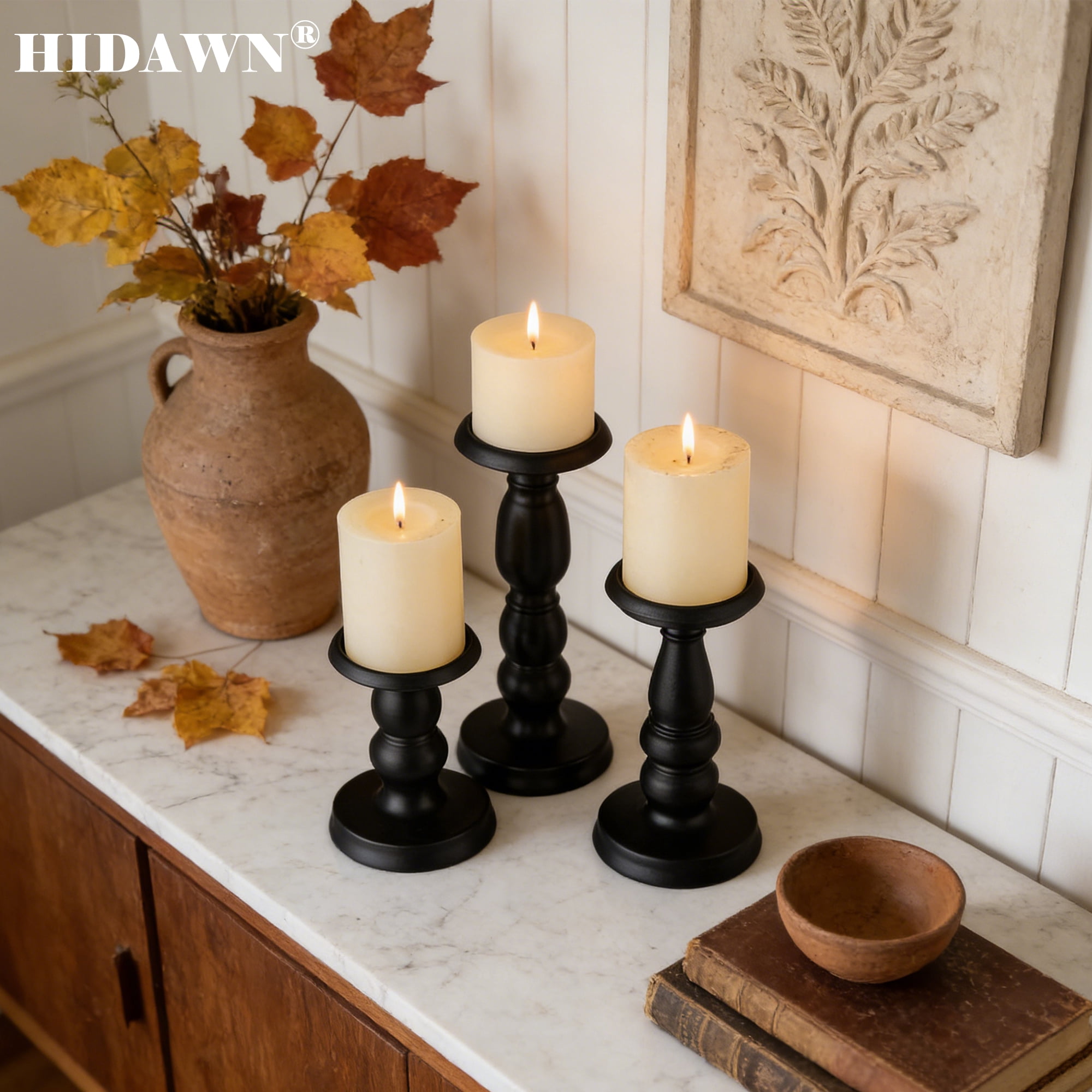 HIDAWN Pillar Candle Holder, 3 Pack Metal Black Retro Candle Stick Holders for Firplace Table Centerpiece Wedding Decoration
