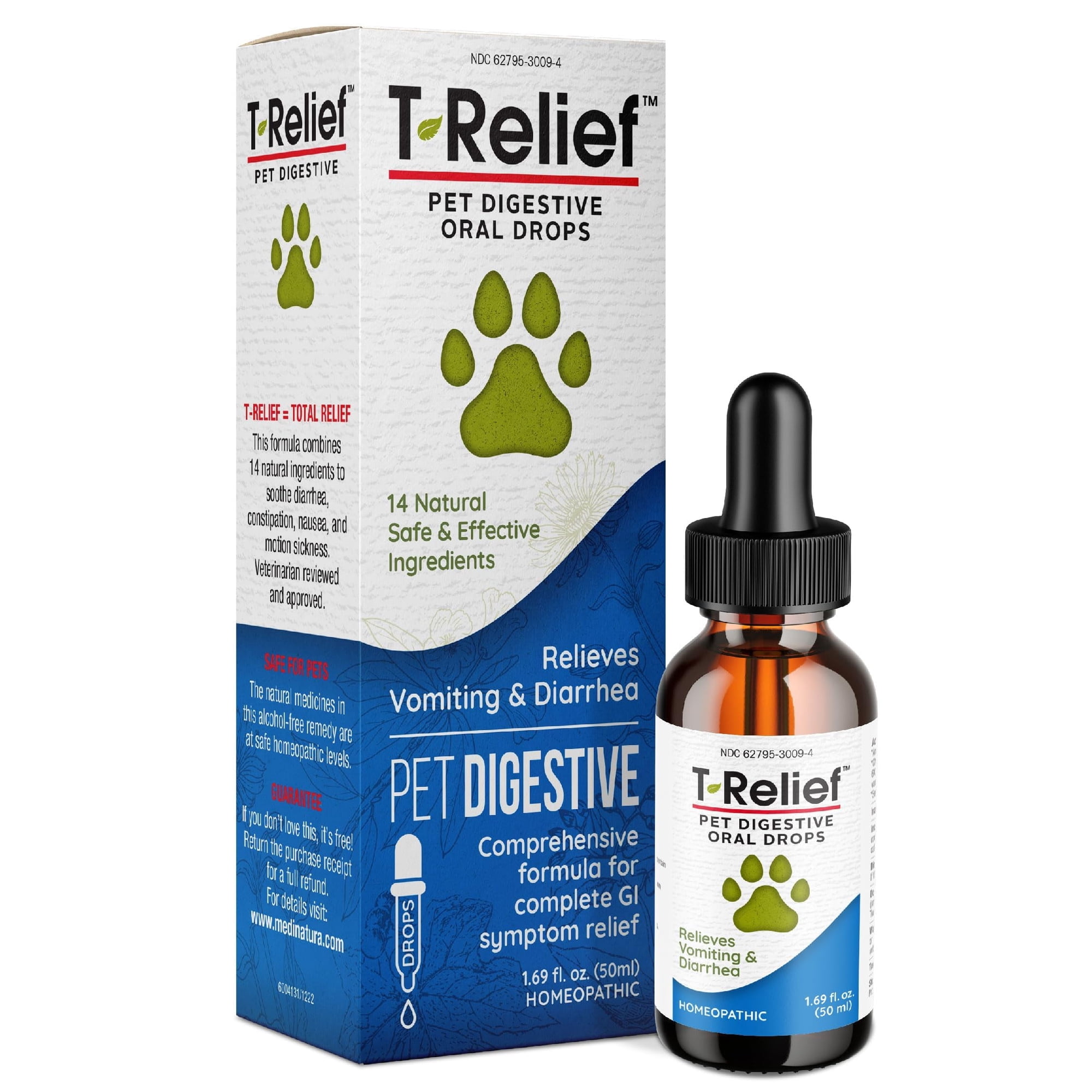 MediNatura T-Relief Pet Digestive GI Relief Drops for Dogs & Cats – Soothing Aloe + 13 Homeopathic Actives for Nausea & Diarrhea from Illness, Food, or Motion – 1.69 oz