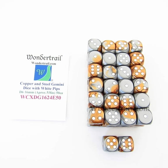 Copper and Steel Gemini Dice with White Pips D6 16mm (5/8in) Pack of 50 Wondertrail