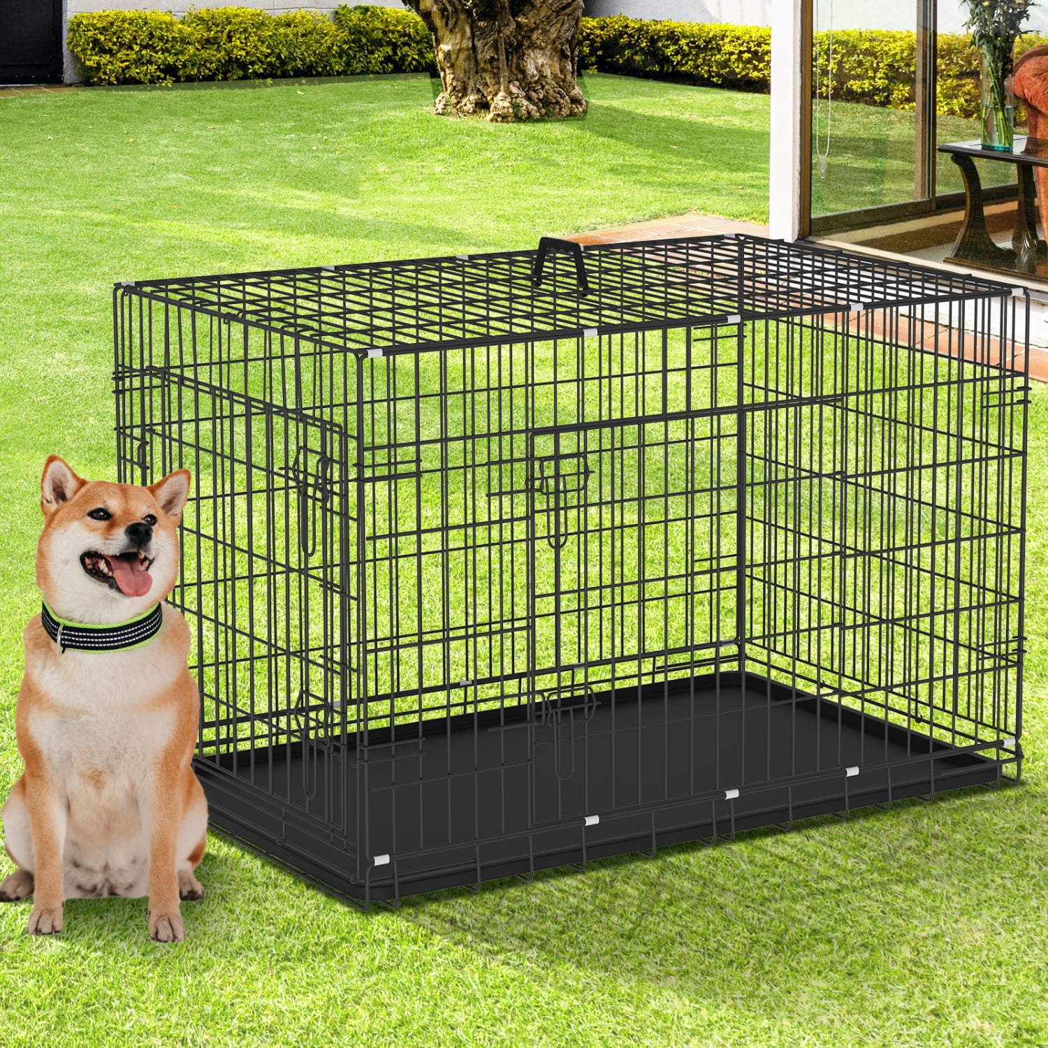 NiamVelo 42'' Large Dog Crate Heavy Duty Dog Cage Folding Metal Pet Crate with Divider & Tray Double Doors Dog Kennel for Large Dogs, Black
