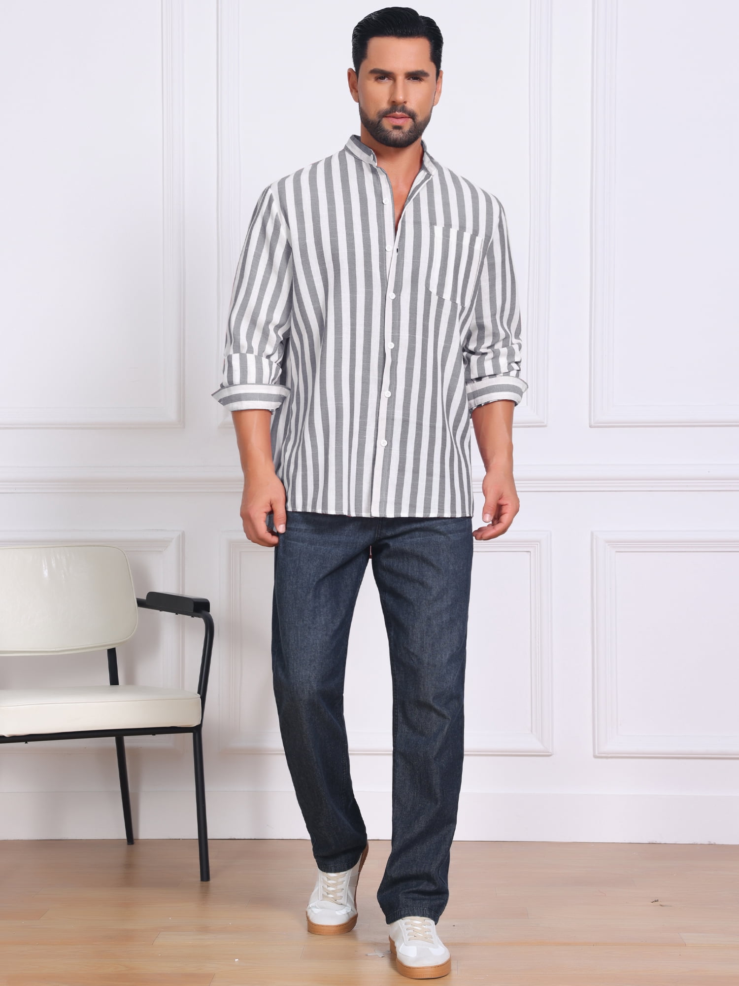 DARING DIVA Men's Striped Stand Collar Long Sleeve Button Down Shirt L Gray