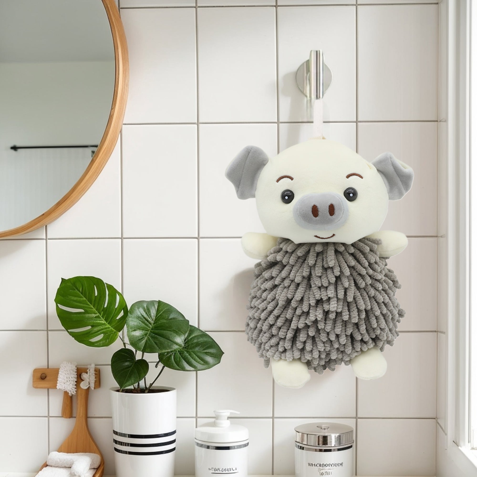 NOMADIC NOOK Cute Cartoon Piggy Chenille Plush Ball Hand Towels, 2 PC Soft Absorbent Hanging Hand Towel for Bathroom Kitchen 7" x 11" Brown