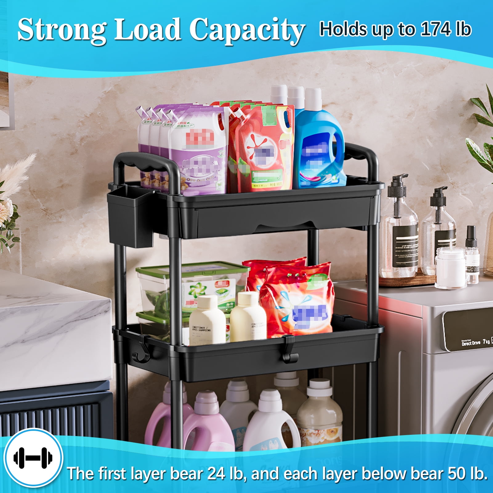 4 Tier Rolling Utility Cart with Removable Drawer, Bathroom Storage Organizer with 2 Lockable Wheels, Mobile Shelving Unit for Kitchen, Office, Snack, Craft, Makeup, Baby Essentials, Black