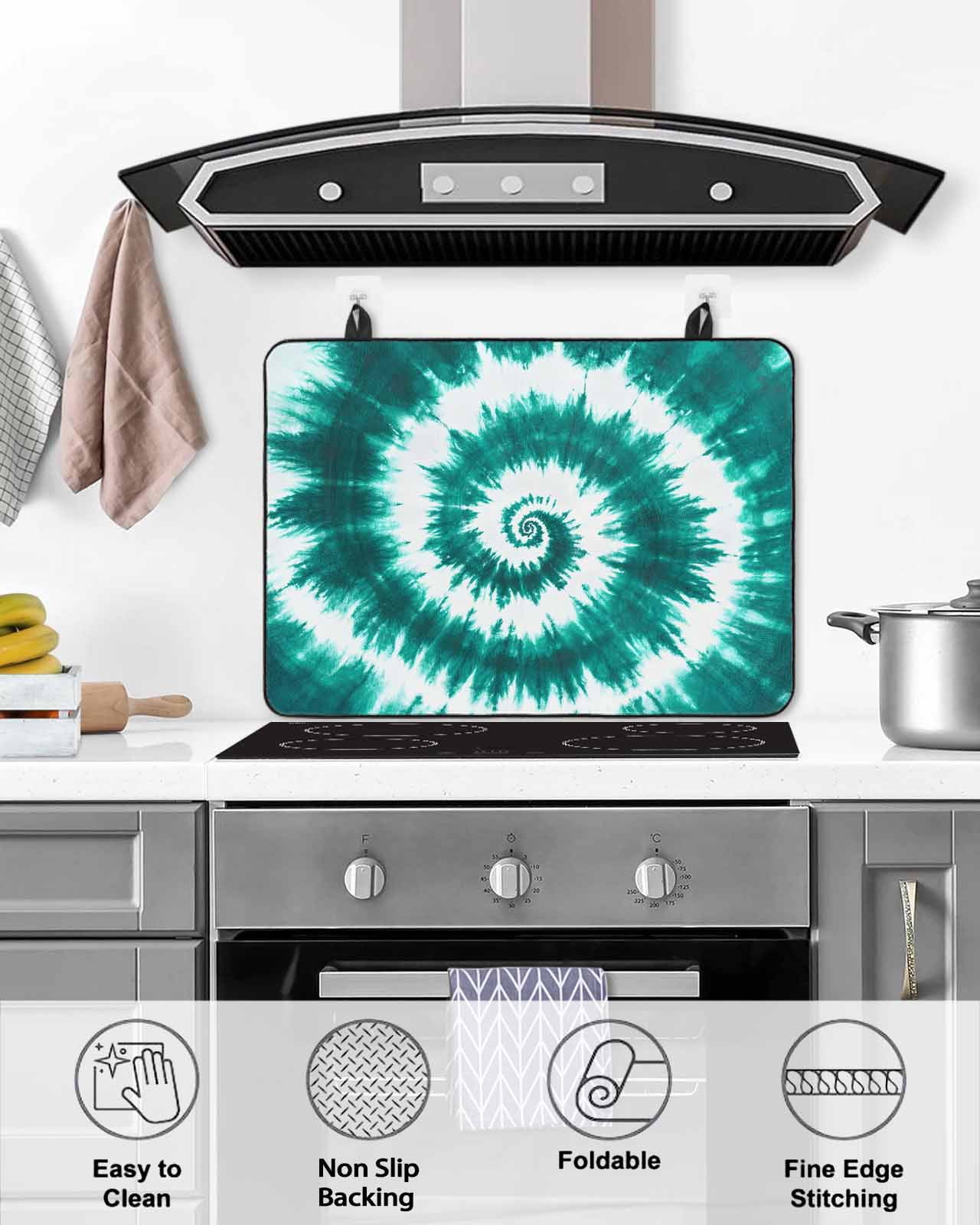 nqOlkjepod Large Induction Cooktop Protector Mat 36"x21", Turquoise Ombre Stove Top Covers for Electric Stove, Country Watercolor Ethnic Tribal Tie Dye Stove Burner Cover Mats, Glass Top Stove Cover