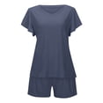 thumbnail image 3 of Short Sets for Women 2 Piece Summer Vacation V-Neck Ruffle Sleeve Pajamas Comfortable Soft Plus Size Outfits Yoga Activewear Walking Tops Navy XXL, 3 of 9