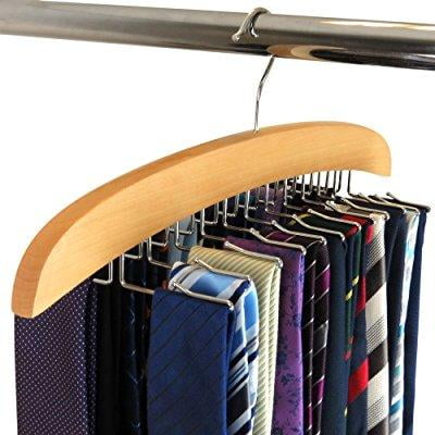 Ohuhu Wooden Tie Rack Hangers Rotating Twirl 24 Tie Organizer Rack Hanger Holder Hook Black-walmut Color