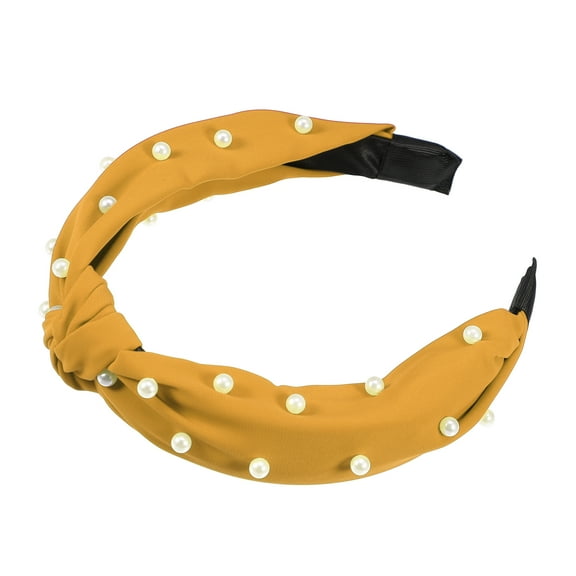 Vocoste 1 Pcs Hairband for Women Satin Knotted Pearl Headband Yellow 1.1 Inch Wide
