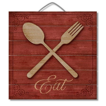 Folk Decor - Slatted Pallet Wood Sign with 3D Accent Piece Eat Red Fork Wall Decor 12