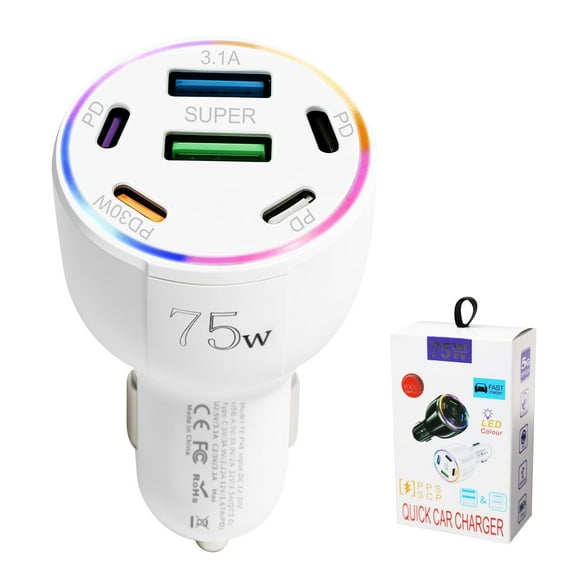 75W 6-Port Super Fast Car Charger with Color Mood Light, 4x USB-C & 2x USB Car Adapter, 12V Cigarette Lighter Charger for Phone/Tablet/Laptop in All Vehicles
