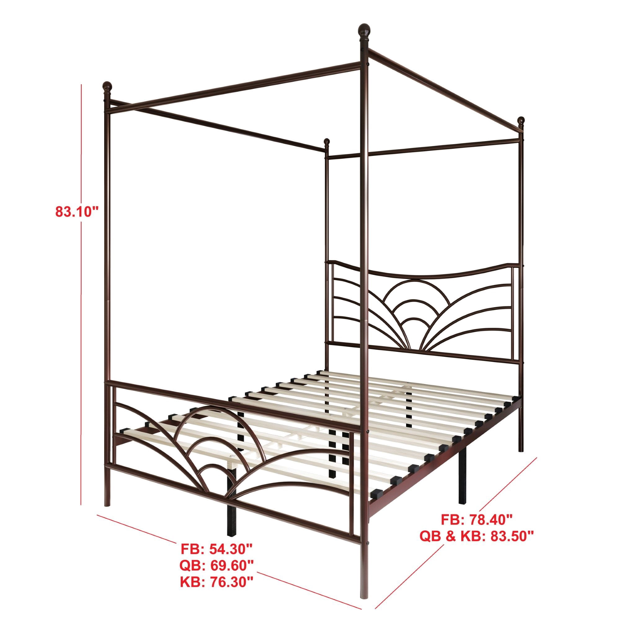 Home Design Denver Full Metal Canopy Bed Frame with Arched Headboard, Center Support Leg, Brown, Easy Assembly