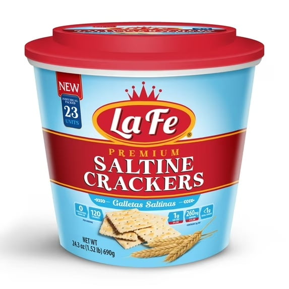 La Fe Premium Saltine Crackers in a 23-count resealable Tub