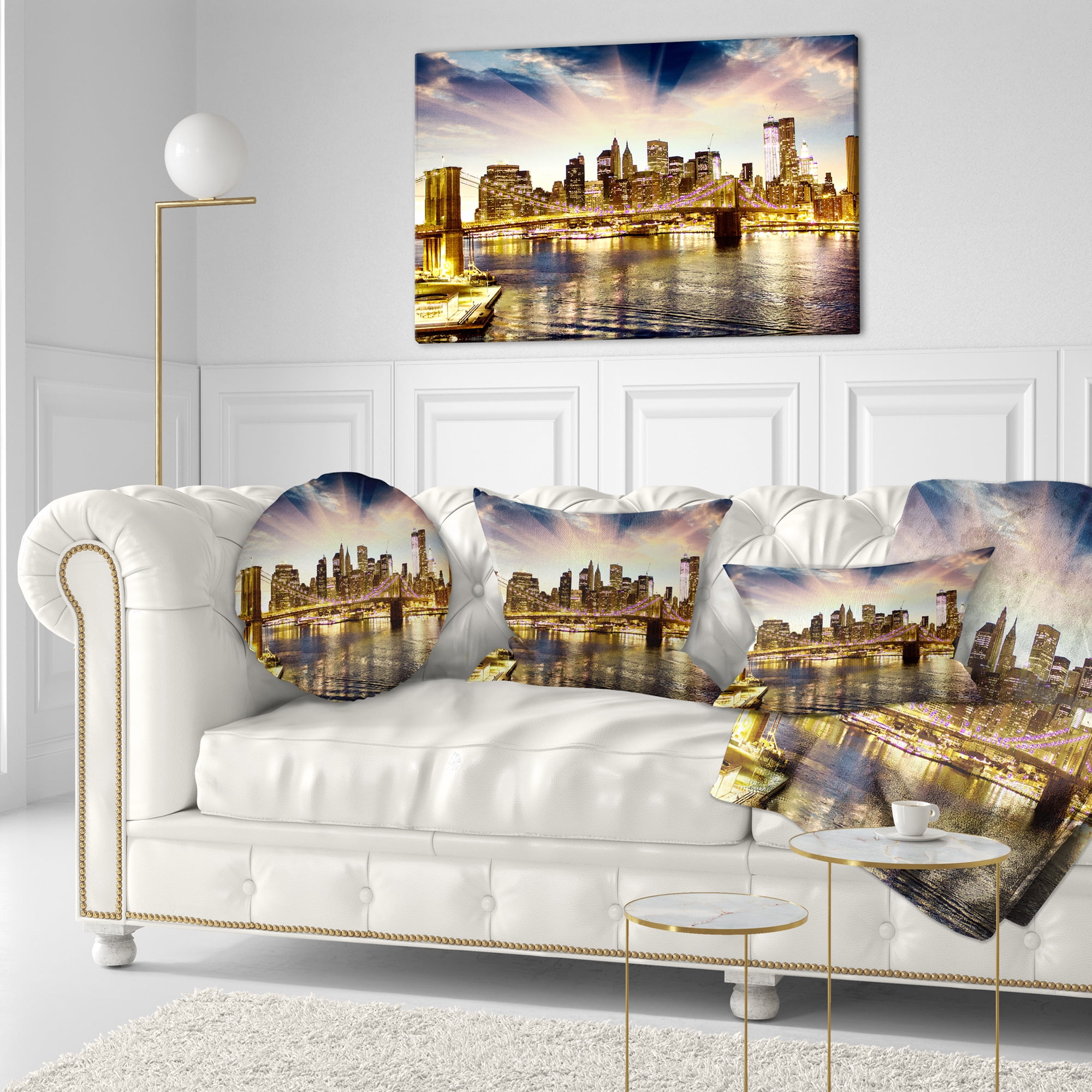 Designart Brooklyn Bridge and Manhattan Skyline - Cityscape Throw Pillow - 12x20