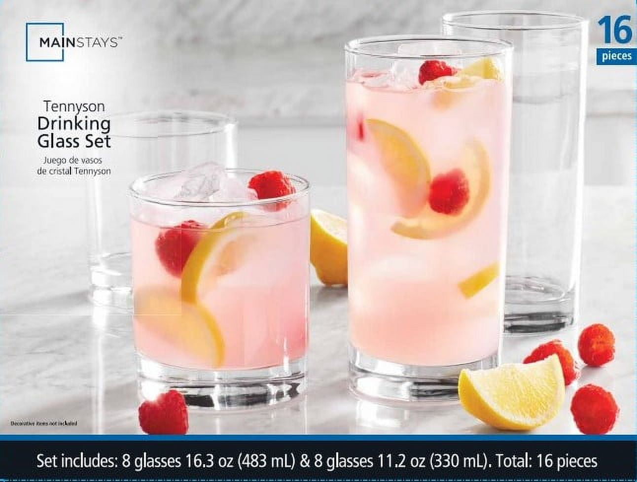 Mainstays Cross Plains 16-Piece Drinking Glass Set, 16 & 10 oz, Size: One Size