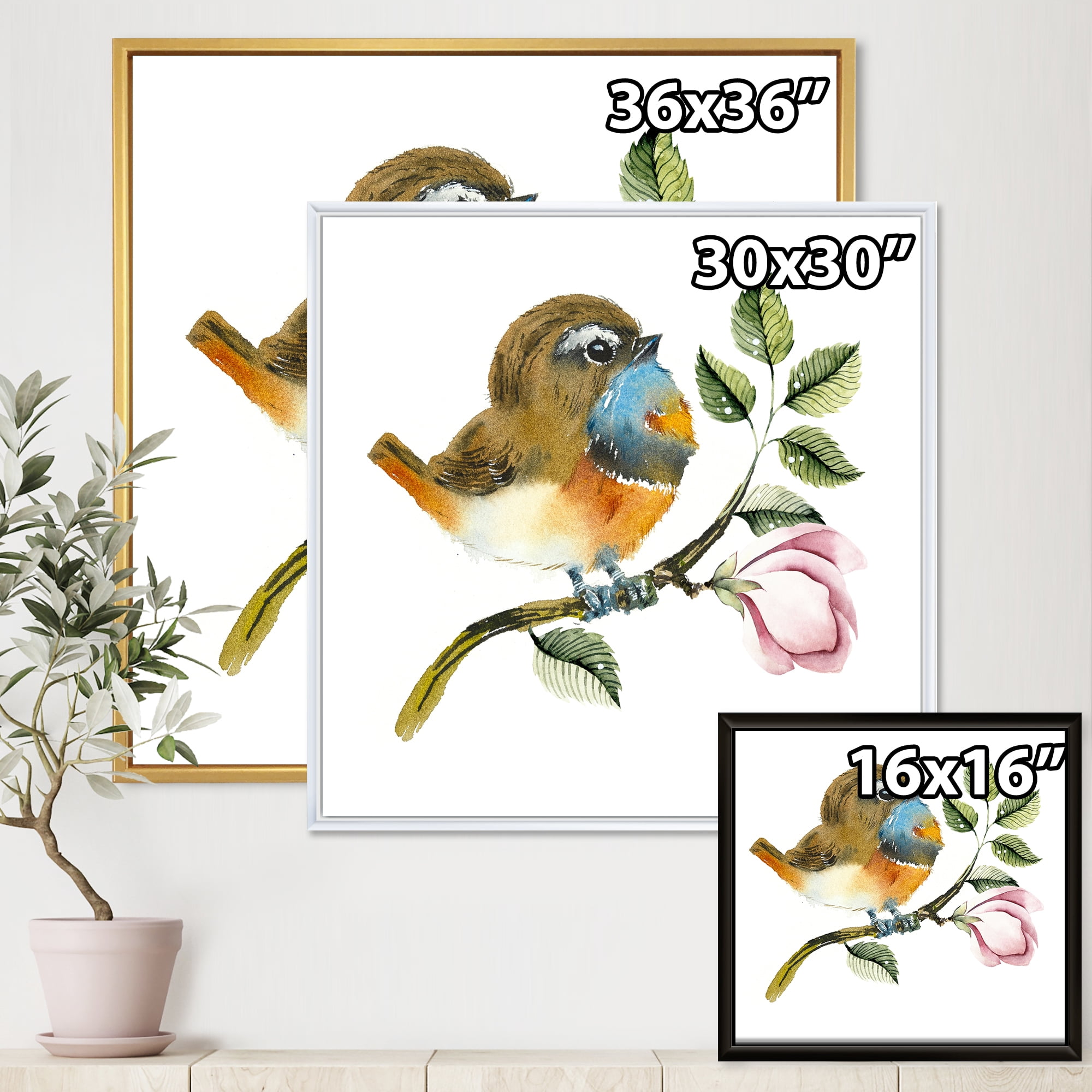 Designart 'Bluethroat Bird Sitting On A Branch' Traditional Framed Canvas Wall Art Print