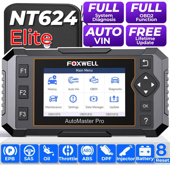 FOXWELL NT624 Elite OBD2 Scanner Diagnostic Tool, Full System Automotive Diagnostic Scan Tool with 8 Resets, ABS Bleeding, EPB-SAS-TPMS-Throttle-Oil Reset, D-P-F Regen, Lifetime Free Update