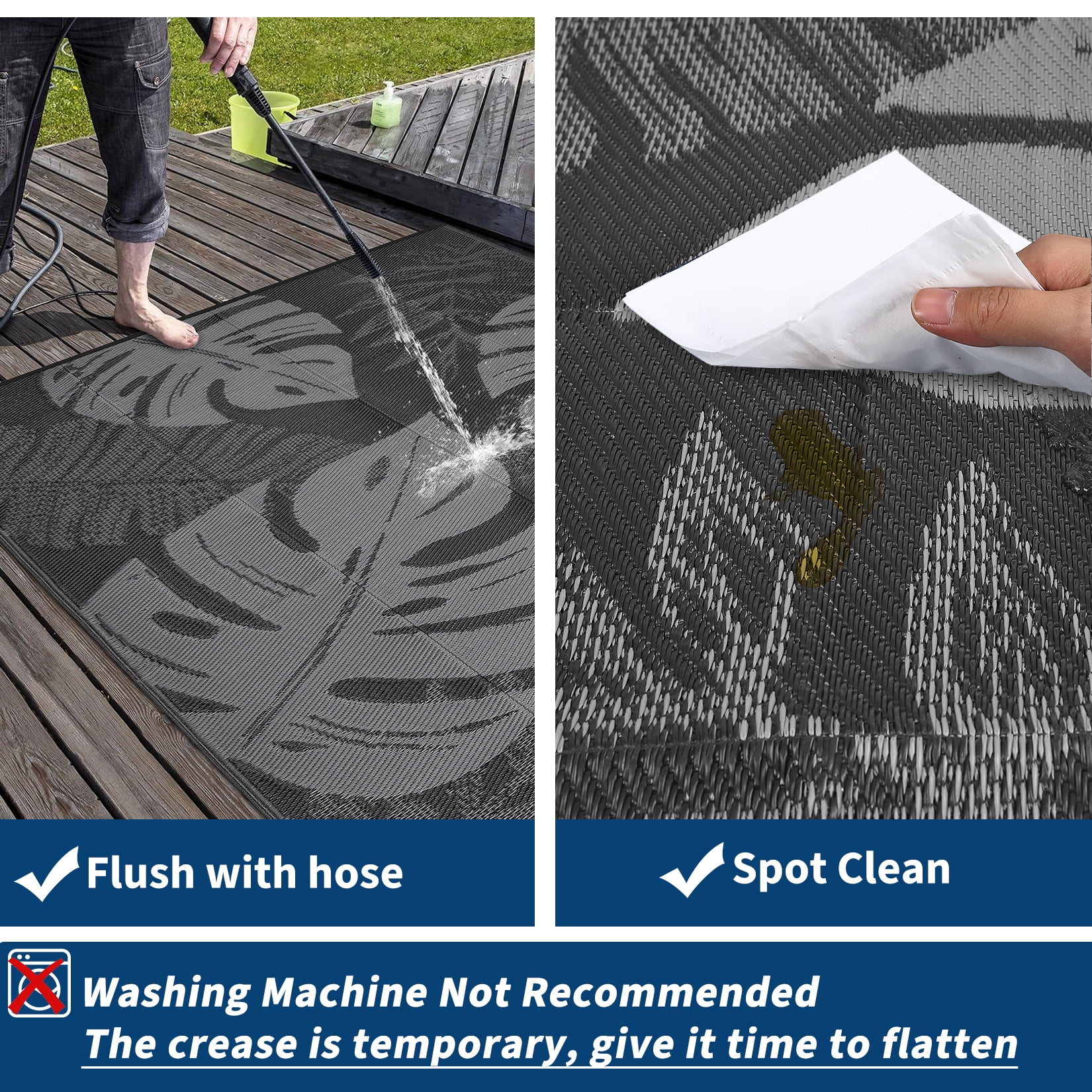 Hasoo 9' x 12' Black/Gray Outdoor Rug Plastic Straw Rug Bohemia Carpet Waterproof PP Tube Woven Portable Mat for Patio Decor, Balcony, Picnic