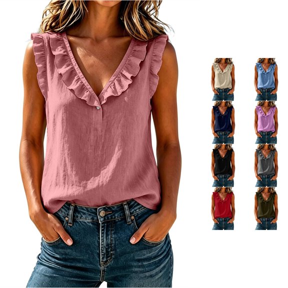 Kingdiese Womens Ruffle Neck Sleeveless Tank Top Summer Loose Fit Casual Blouse Athletic Short Sleeve Shirt Women, Size S