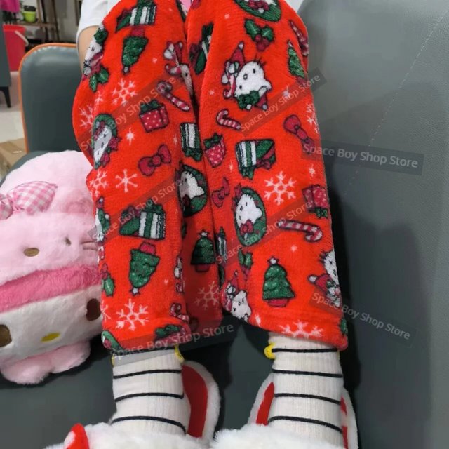 Pantalones de pijama de Hello Kitty para mujer, pantalón suave de tela elástica doble de vellón de Anime Sanrio, regalo de cumpleaños de dibujos animados Kawaii, nuevo