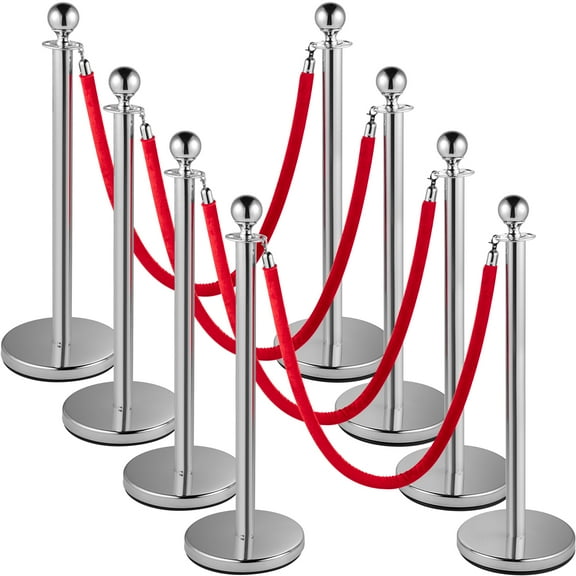 VEVOR Crowd Control Stanchion, Set of 8 Pieces Stanchion Set, Stanchion Set with 5 ft/1.5 m Red Velvet Rope, Silver Crowd Control Barrier w/Sturdy Concrete and Metal Base – Easy Connect Assembly
