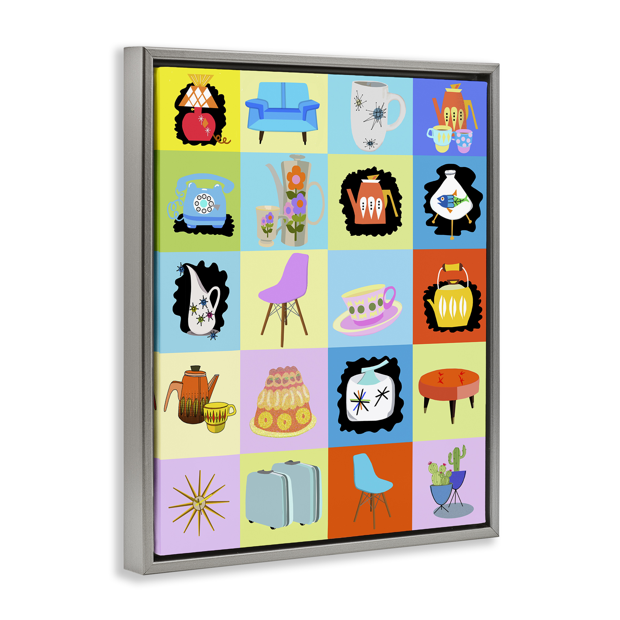 Retro Vintage Vignettes Gray Framed Floater Canvas Wall Art, design by Lynnda Rakos