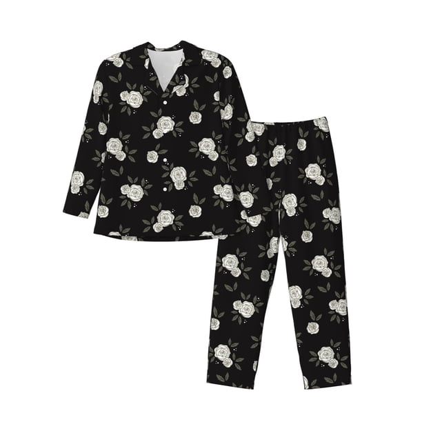 Balery Rose Flowers Pijama para Hombre de Dos Piezas con Manga Larga, Conjunto de Dormir y Descanso Suave con Bolsillos-Small