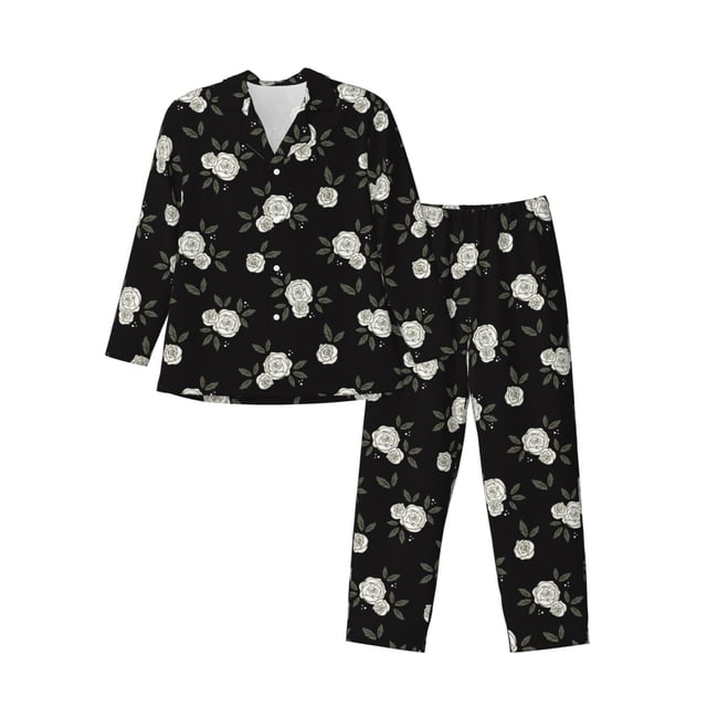 Fotbe Rose Flowers Pijama de Hombre con Estampado de Manga Larga, Conjunto de 2 Piezas, Ropa de Dormir Suave y Cómoda con Bolsillos-Small