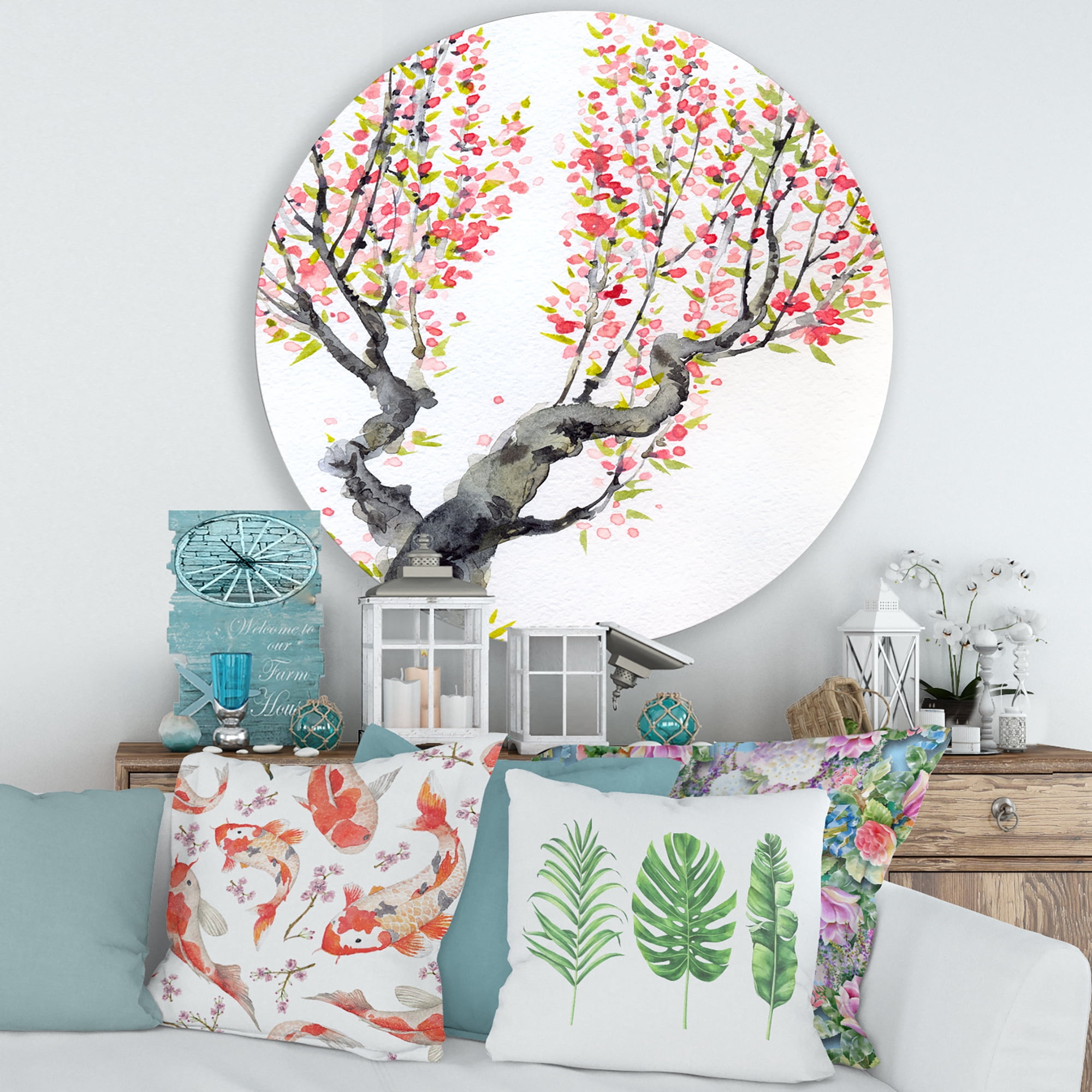 Designart 'Red Spring Flowers On Tree Branches' Traditional Circle Metal Wall Art 29x29 - Disc of 29
