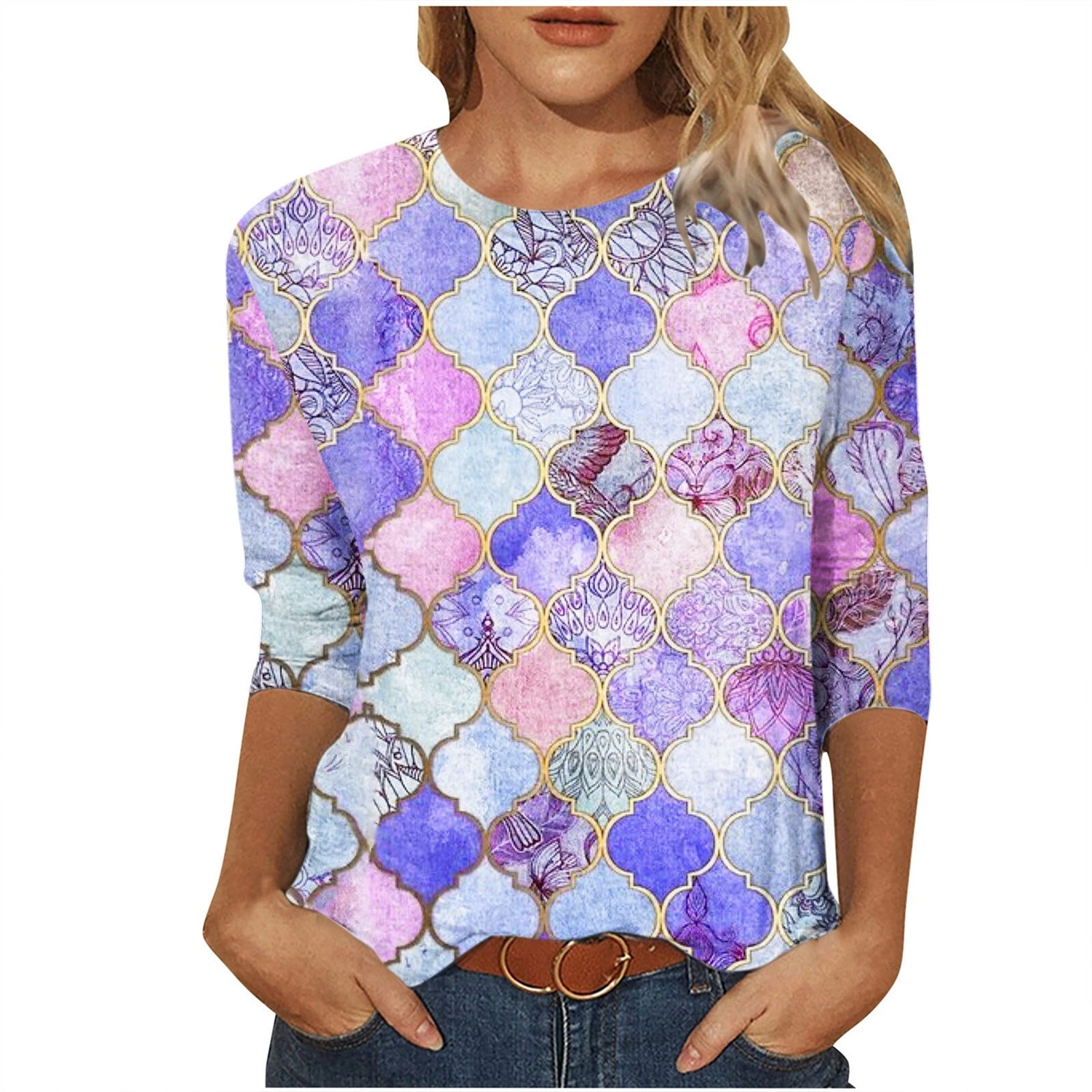 Women's Vintage Print Casual 3/4 Sleeves Hollow Denim Shirt